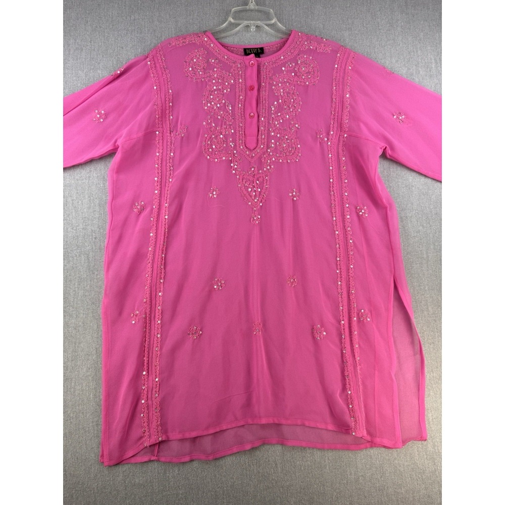 Betty‎ B Pink Beaded Sequin Tunic Top One Size Sheer Boho India